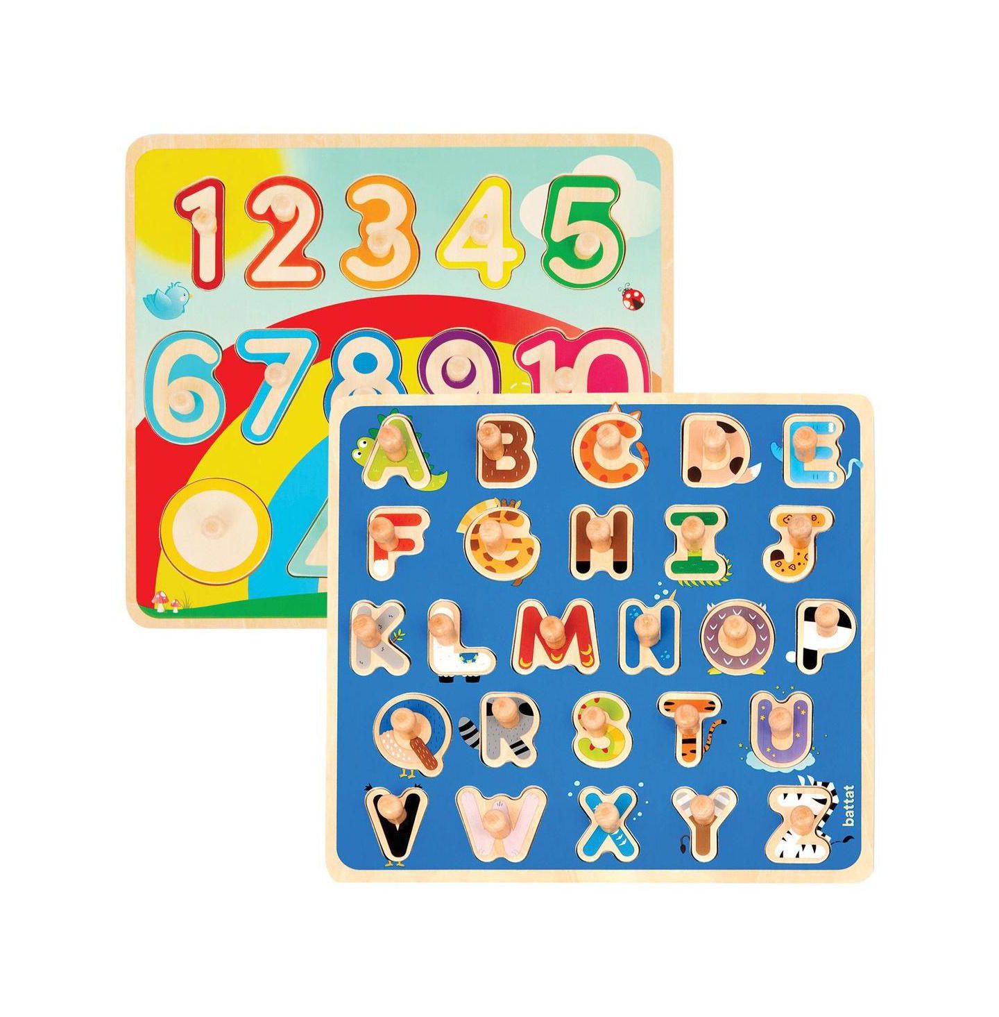 Детские игрушки Battat Puzzle n' Learn Wooden Alphabet and Numbers & Shapes Peg Puzzles, 2-Piece Set, Ages 2+, цвет: Assorted Pre-Pack — фото 1