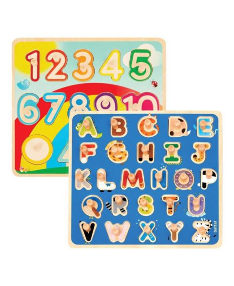 Детские игрушки Battat Puzzle n' Learn Wooden Alphabet and Numbers & Shapes Peg Puzzles, 2-Piece Set, Ages 2+, цвет: Assorted Pre-Pack