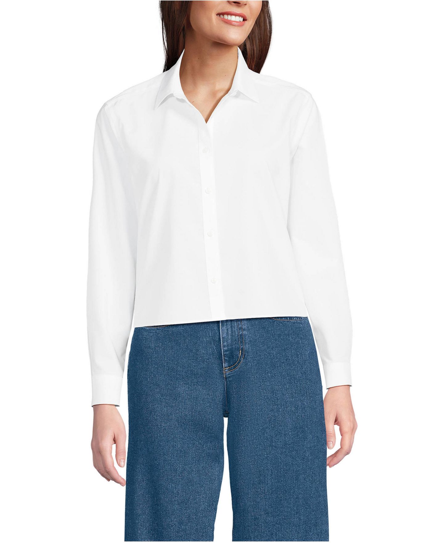 Женская рубашка Lands' End No Iron Boxy Cropped, цвет: Белый — фото 1