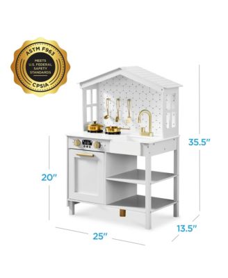 Pretend Play Wooden Farmhouse Kitchen Set w/ Storage, Clicking Knobs, 5 Accessories