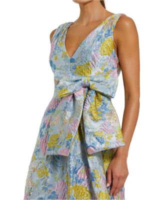 Women's Floral Brocade Sleeveless Midi Dress With Bow