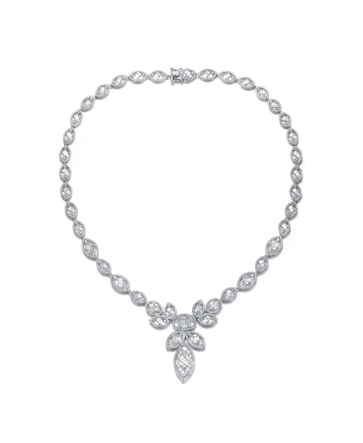 White Gold Plating with Clear Cubic Zirconia Floral Motif Necklace - White