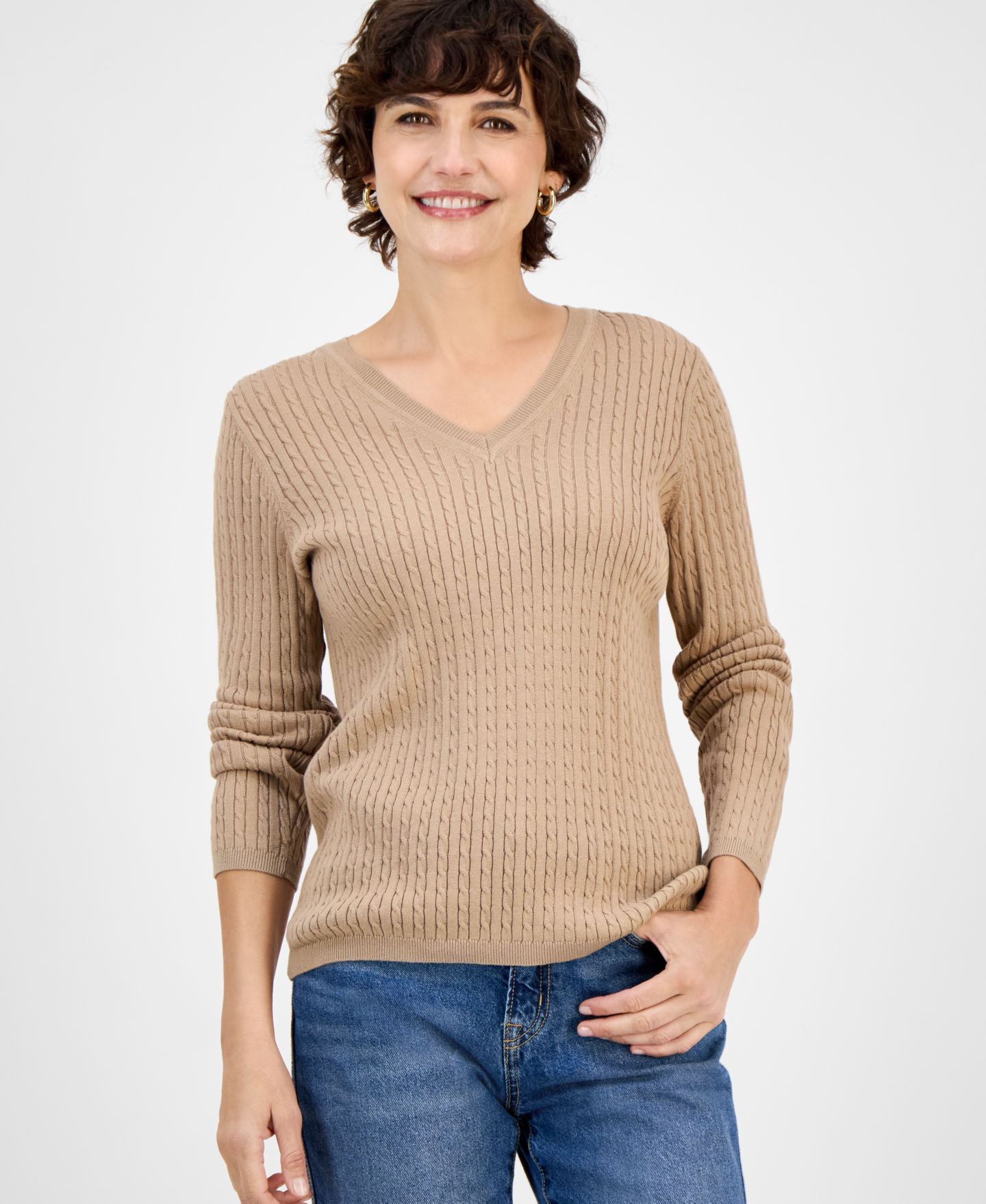 Женский свитер Nautica Jeans Nautica V-neck Cable Knit, цвет: Верблюжий — фото 1