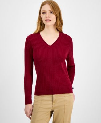 Women's V-neck Cable Knit Sweater, Online Only