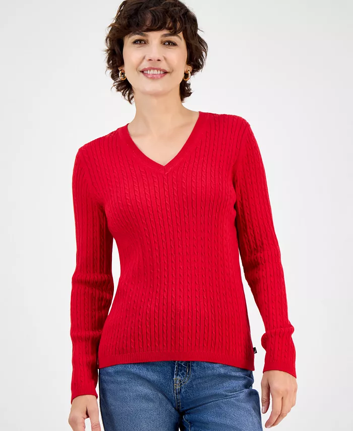 Nautica Women's V-neck Cable Knit Sweater, Online Only