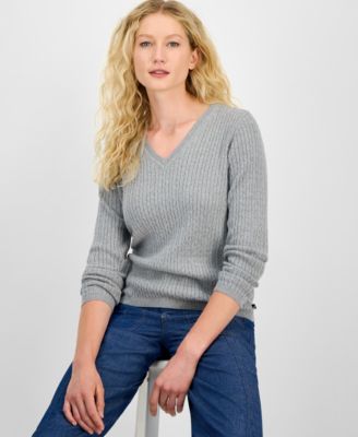 Women's V-neck Cable Knit Sweater, Online Only