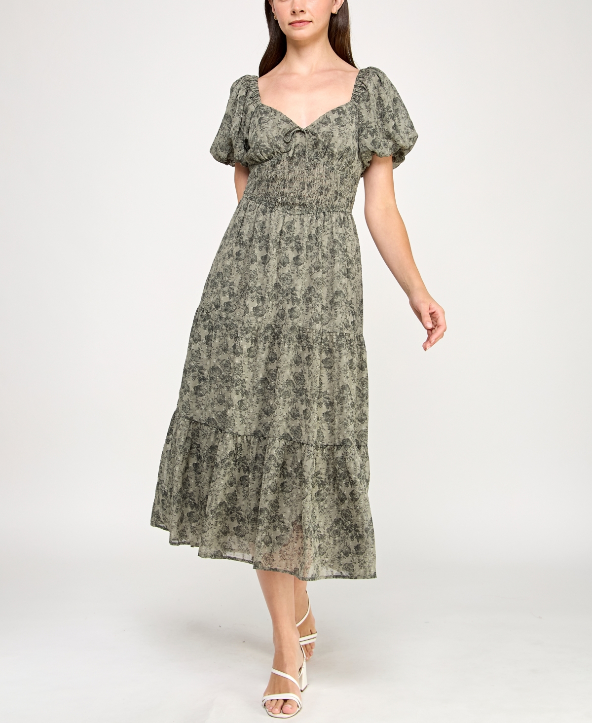 Juniors' Chiffon Printed Fit & Flare Midi Dress - Olive floral