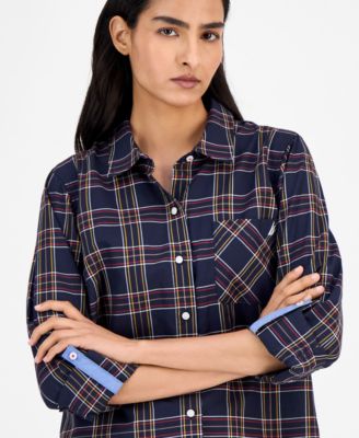 Women's Providence Plaid Cotton Roll-Tab-Sleeve Shirt