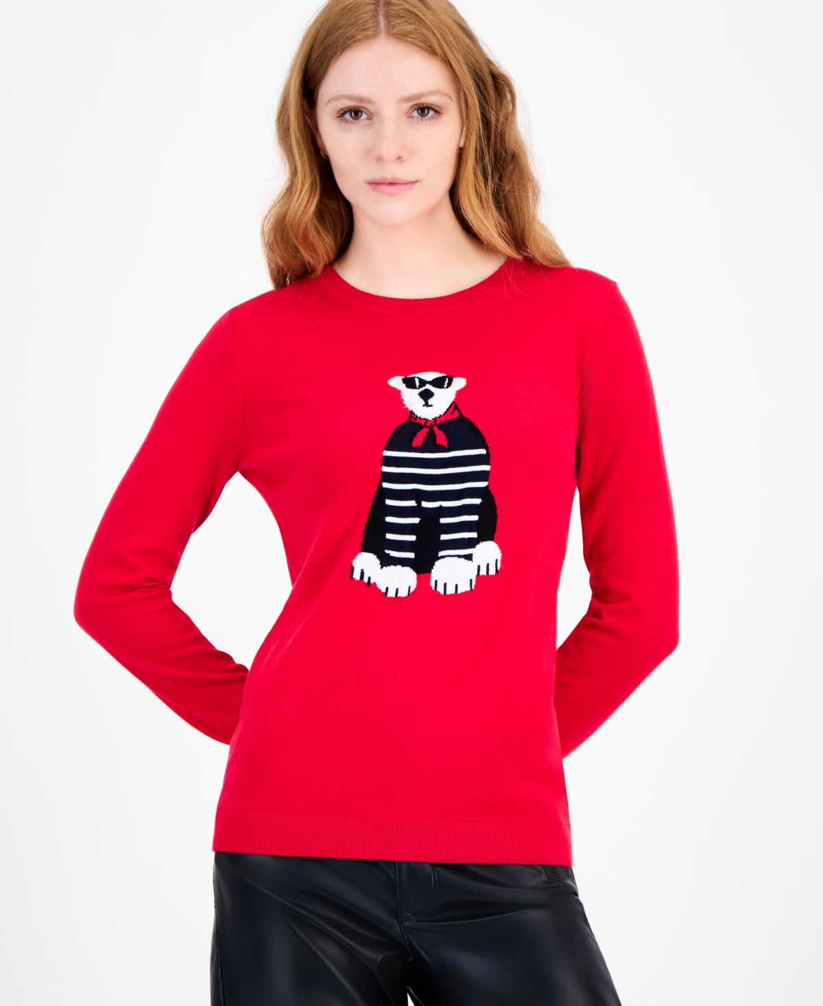 Tommy Hilfiger Women's Cotton Sunglasses Bear Crewneck Sweater In Red