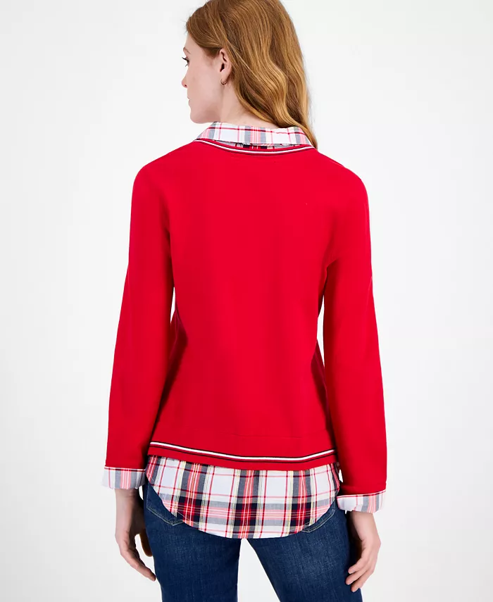 Women's Cotton Twofer V-Neck Long-Sleeve Sweater - thumbnail 4