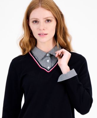 Women's Cotton Twofer V-Neck Long-Sleeve Sweater