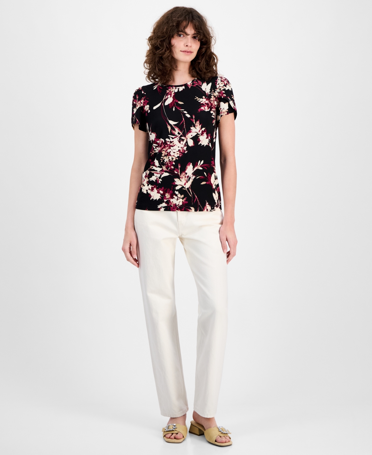 Ak Anne Klein Petite Tulip-sleeve Printed Knit Top In Multi