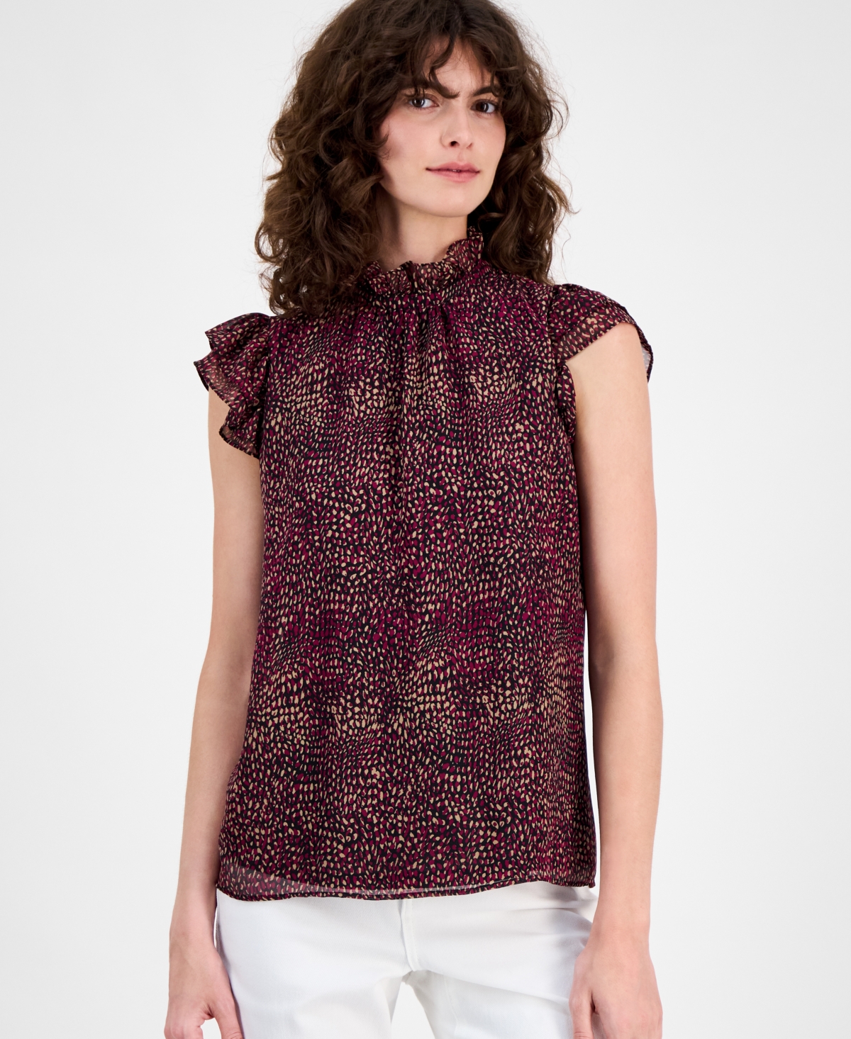 Petite Ruffle-Neck Flutter-Sleeve Top - Anne Black/Chianti Multi