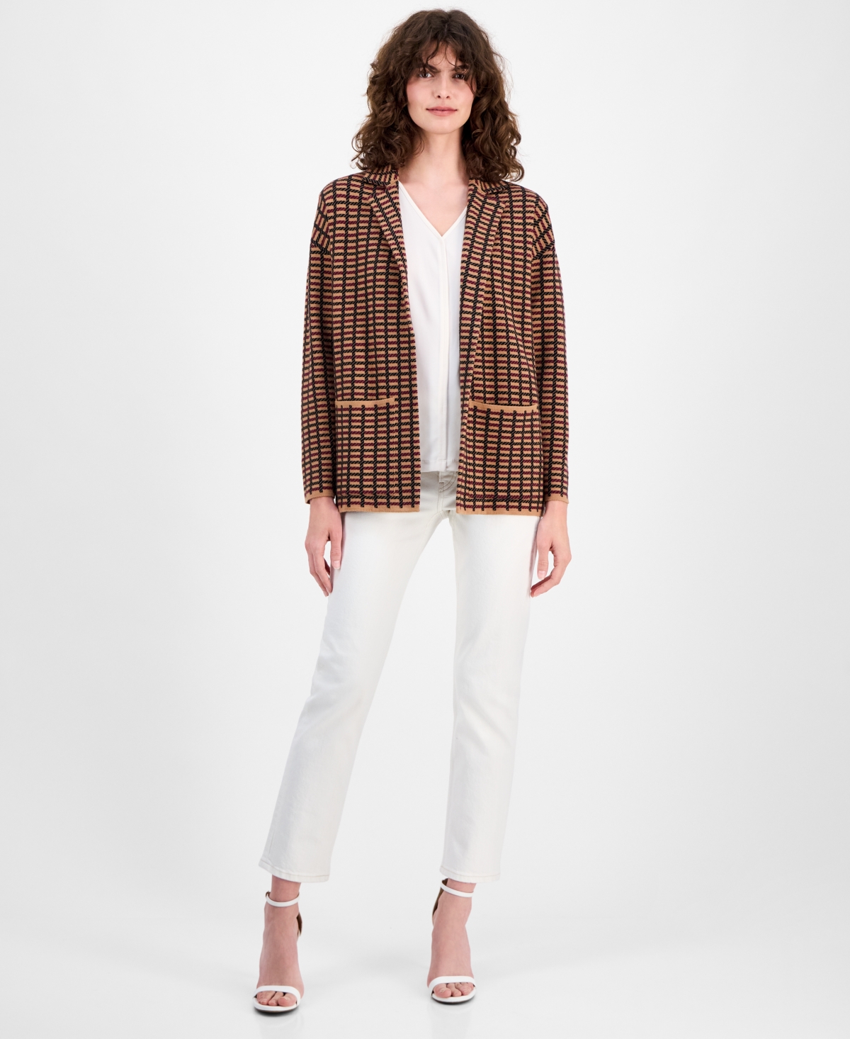 Ak Anne Klein Petite Checked Notched-collar Sweater In Brown