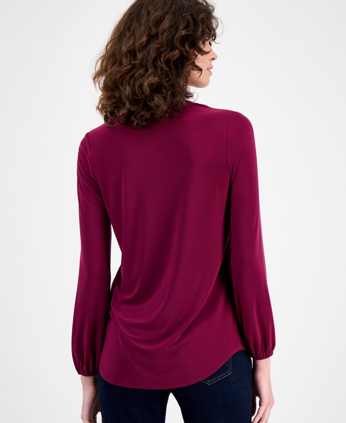 Ak Anne Klein Petite Split-neck Long-sleeve Knit Top In Burgundy