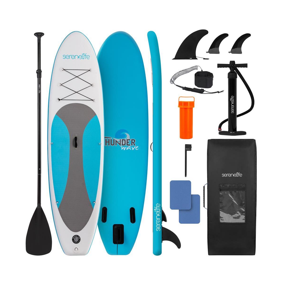 Free-Flow Welded Inflatable Stand-Up Paddle-Board with Double-Action Hand Pump, 3-Shaft Aluminum Paddle, Leash, Fin (Black) - Blue