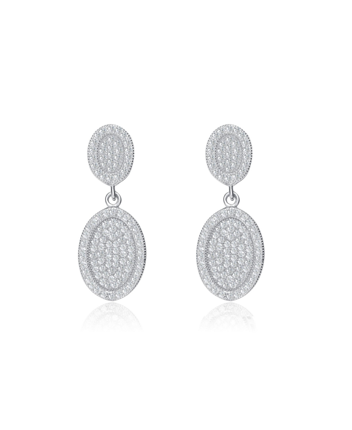 Sterling Silver White Gold Plating with Clear Cubic Zirconia Oval Drop Earrings - White