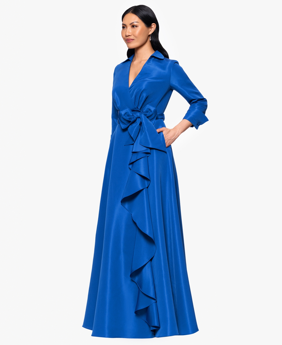 Betsy & Adam Plus Size Long-sleeve Tie-waist Long Dress In Blue
