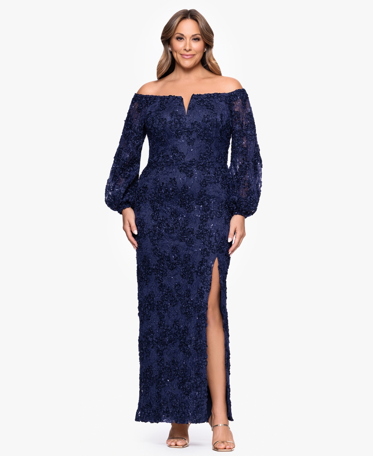 Plus Size Off-The-Shoulder Soutache Lace Dress - Navy