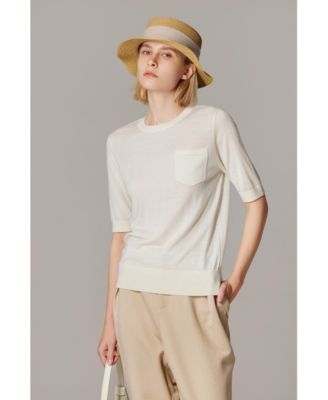 Women's Tissue Weight 75% Merino Wool 25% Silk Crew Neck Short Sleeve T Shirt Sweater | Ultra Soft Machine-Washable Sweaters