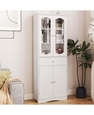 63" MDF Bathroom Cabinet with Tempered Glass Doors, Adjustable Shelves and Large Drawer