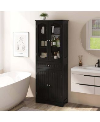 63" MDF Bathroom Cabinet with Tempered Glass Doors, Adjustable Shelves and Large Drawer