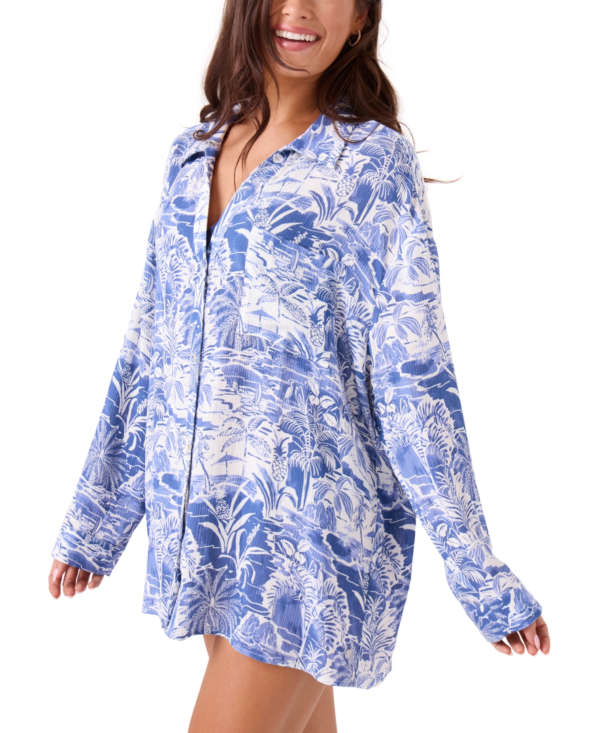 Roxy Juniors' Mana Long-sleeve Camp Shirt Cover-up In Blue