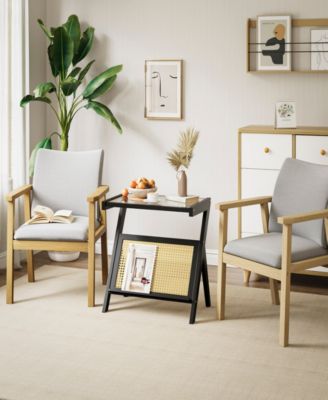 Rattan Side Table Bamboo Accent Bedside Table with Tempered Glass Top Black