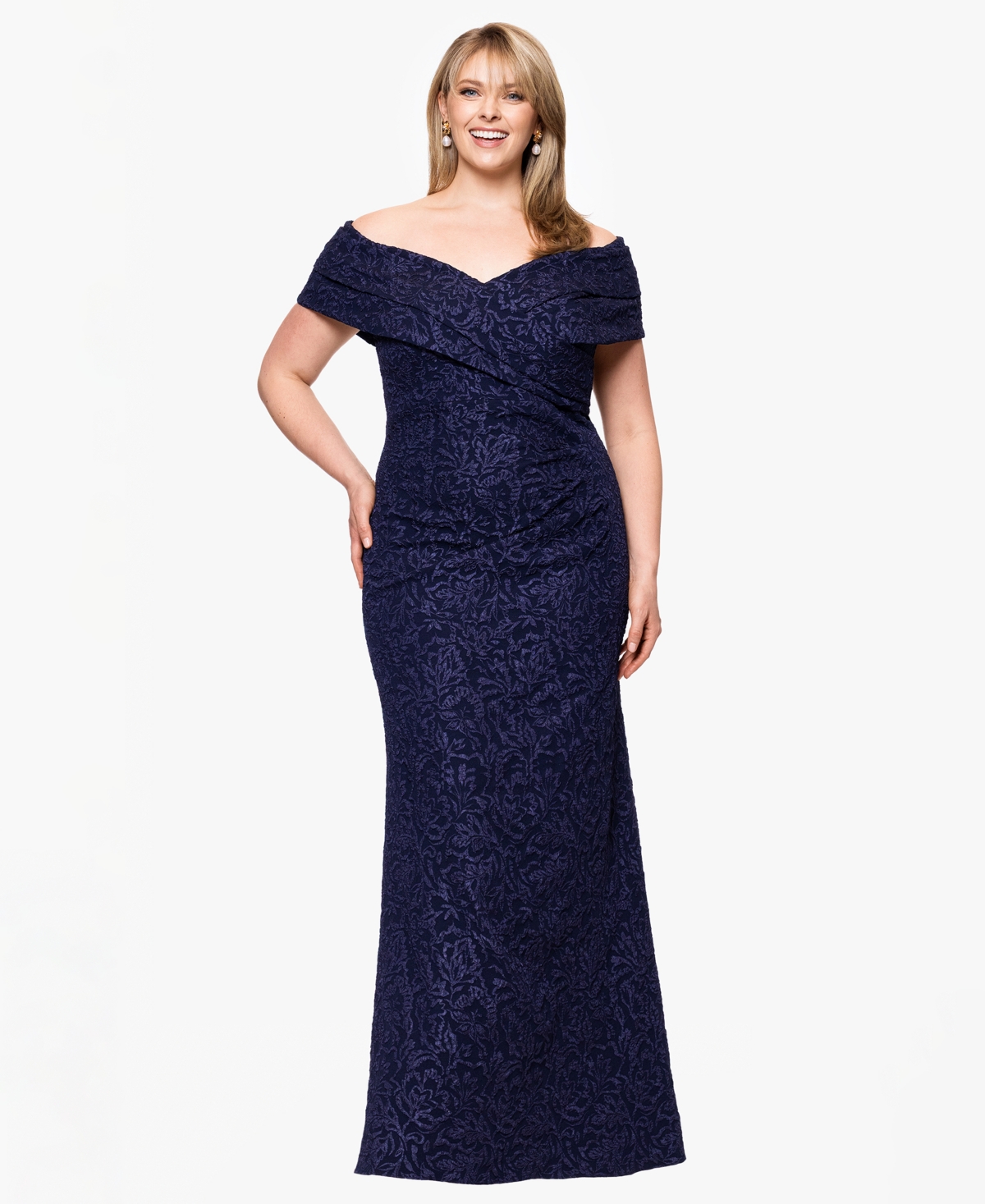 Plus Size Off-The-Shoulder Jacquard Dress - Navy