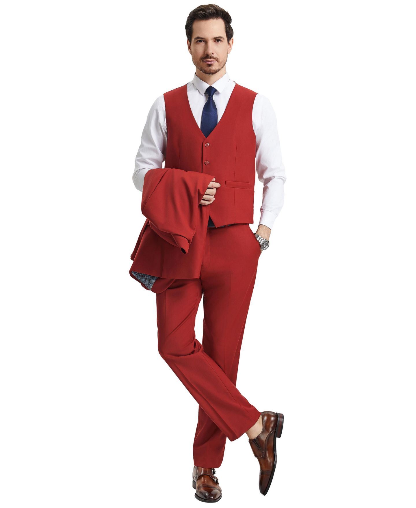 Мужской комплект Stacy Adams Hybrid-Fit 3pc Notch Lapel Suit Set, Jacket Vest and Pants, цвет: Кирпичный — фото 3