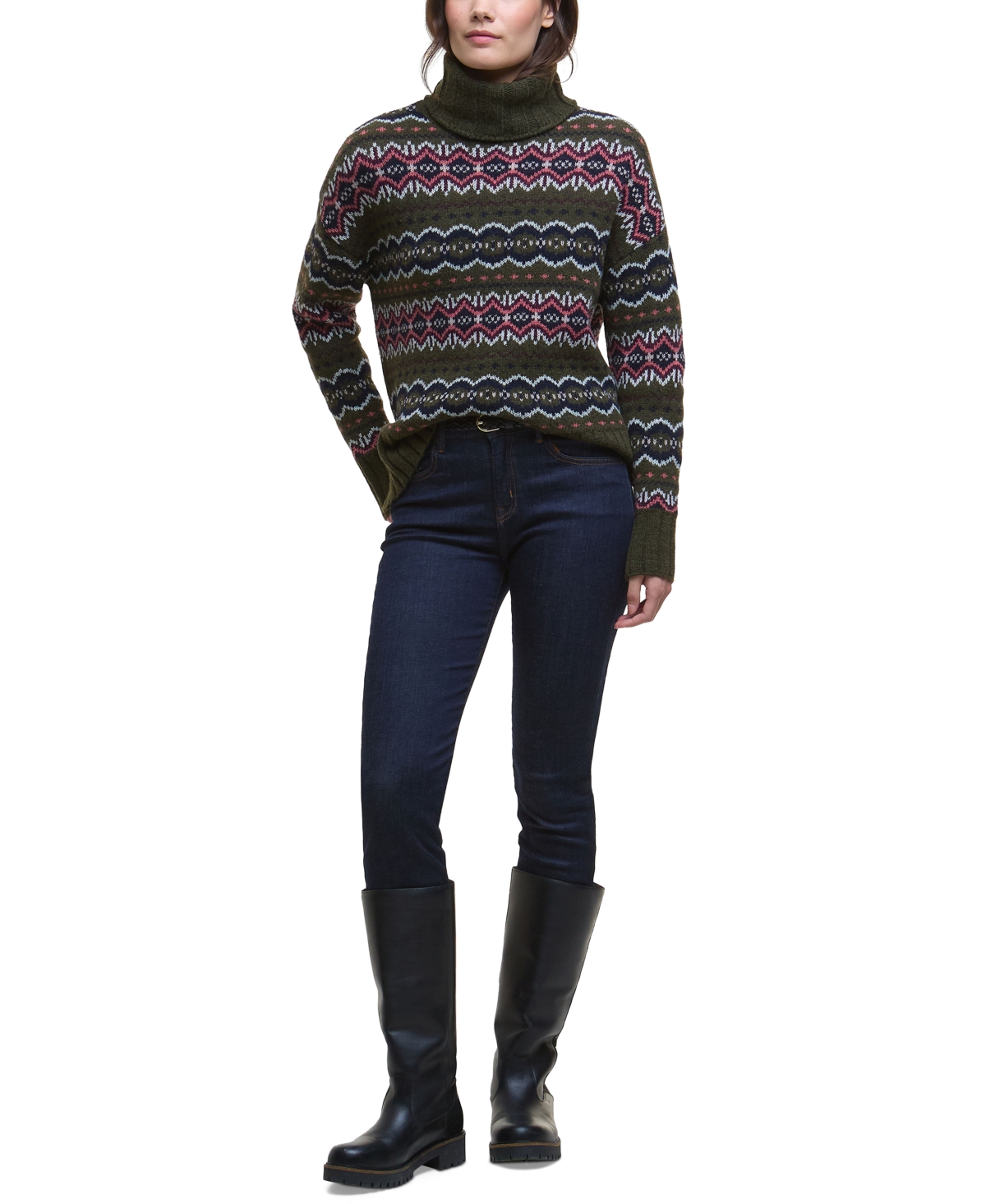 Barbour Helen Fair Isle Wool Blend Turtleneck Tunic Sweater In Green