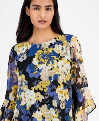 Abstract Floral-Print Bell-Sleeve Blouse, Regular & Petite