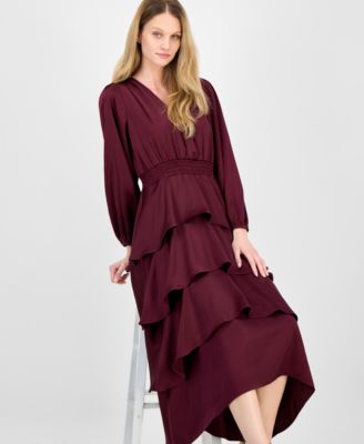 Women's Satin Surplice-Neck Tiered Midi Dress