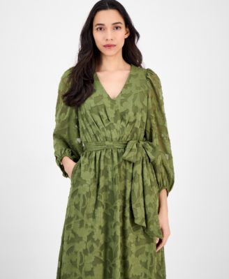 Women's Jacquard V-Neck 3/4-Sleeve Midi Dress