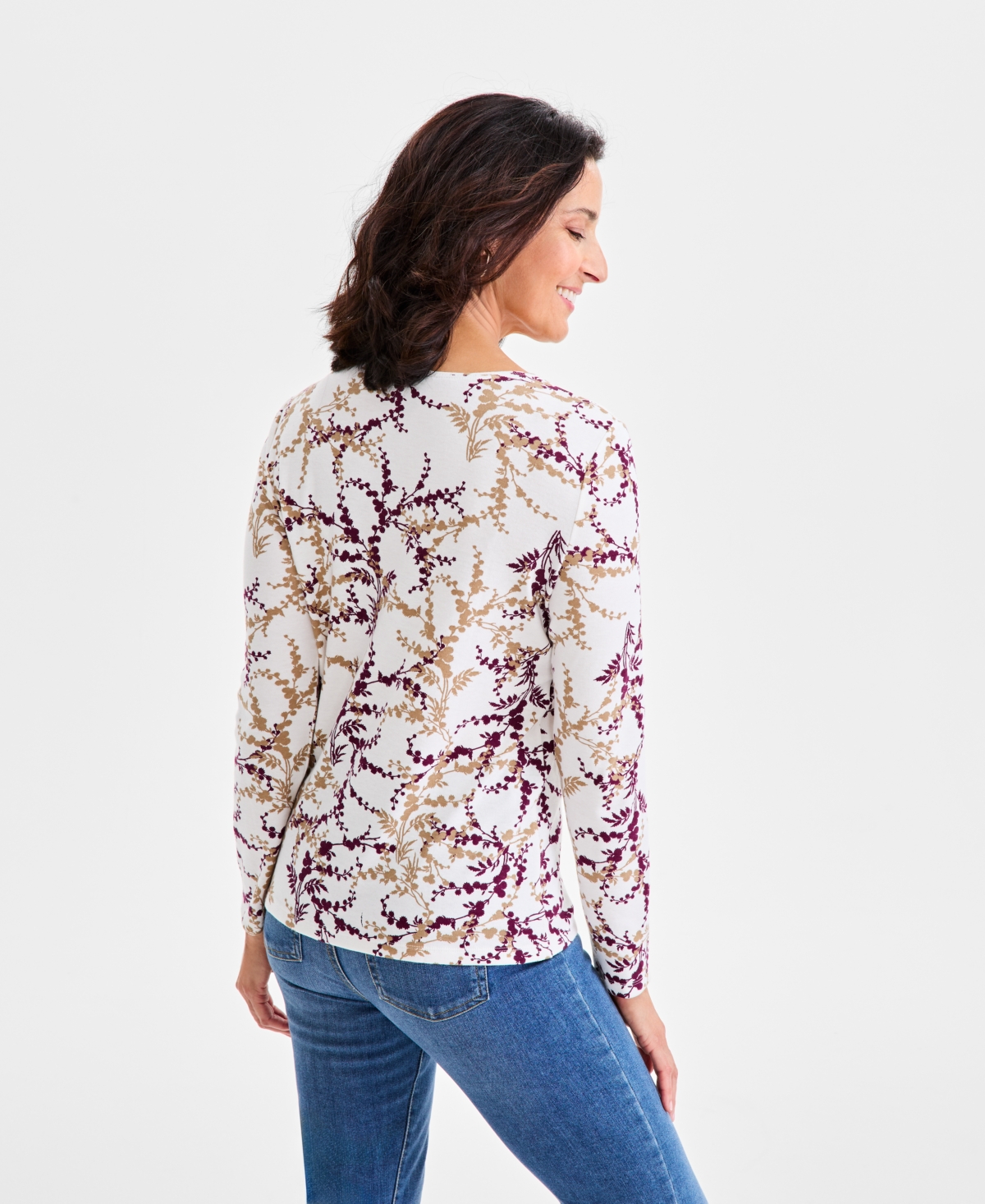 Style & Co Women's Printed Cotton Long-sleeve Scoop-neck Top, Created For Macy's In Brown