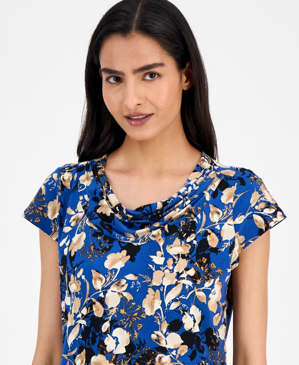Kasper Floral-print Cap-sleeve Cowlneck Blouse, Regular & Petite In Blue