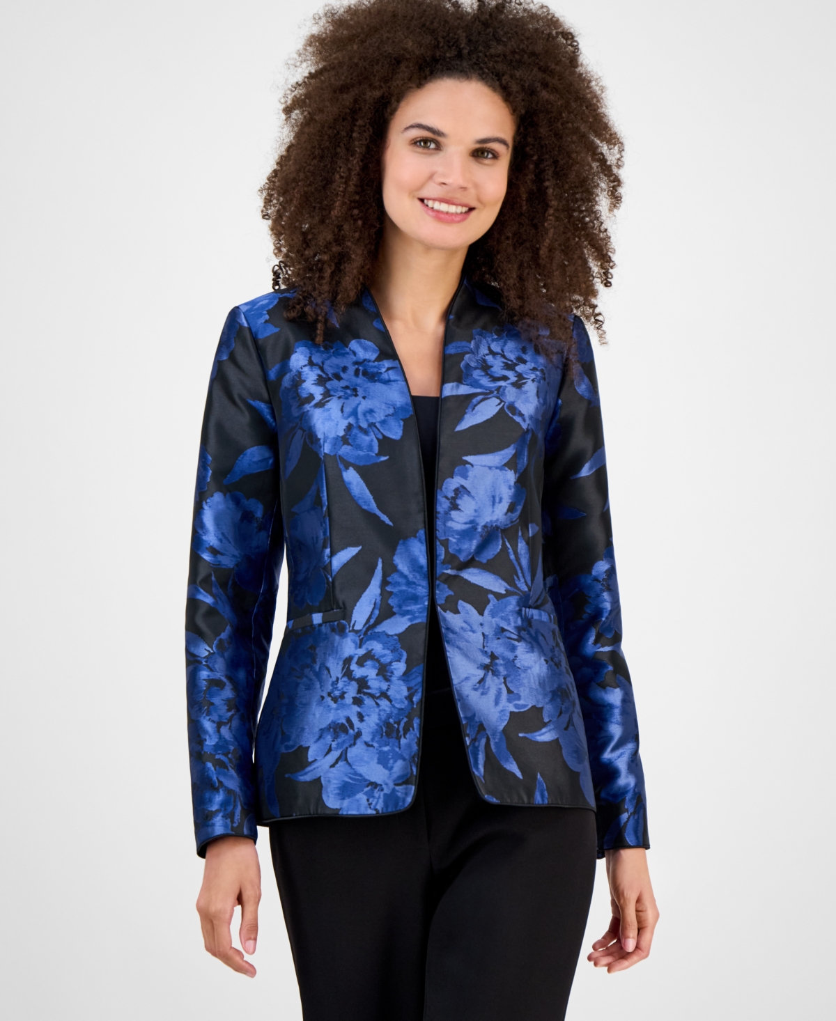 Kasper Floral Jacquard Open-front Jacket, Regular & Petite In Blue