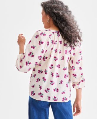 Petite Printed Balloon-Sleeve Popover Top, Macy's Exclusive
