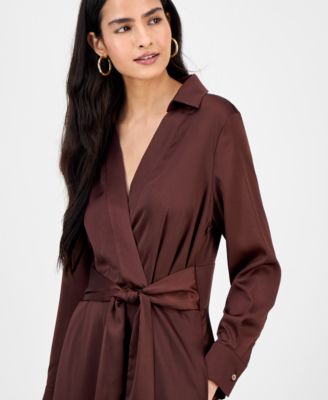 Women's Collared V-Neck Tie-Waist Midi Dress