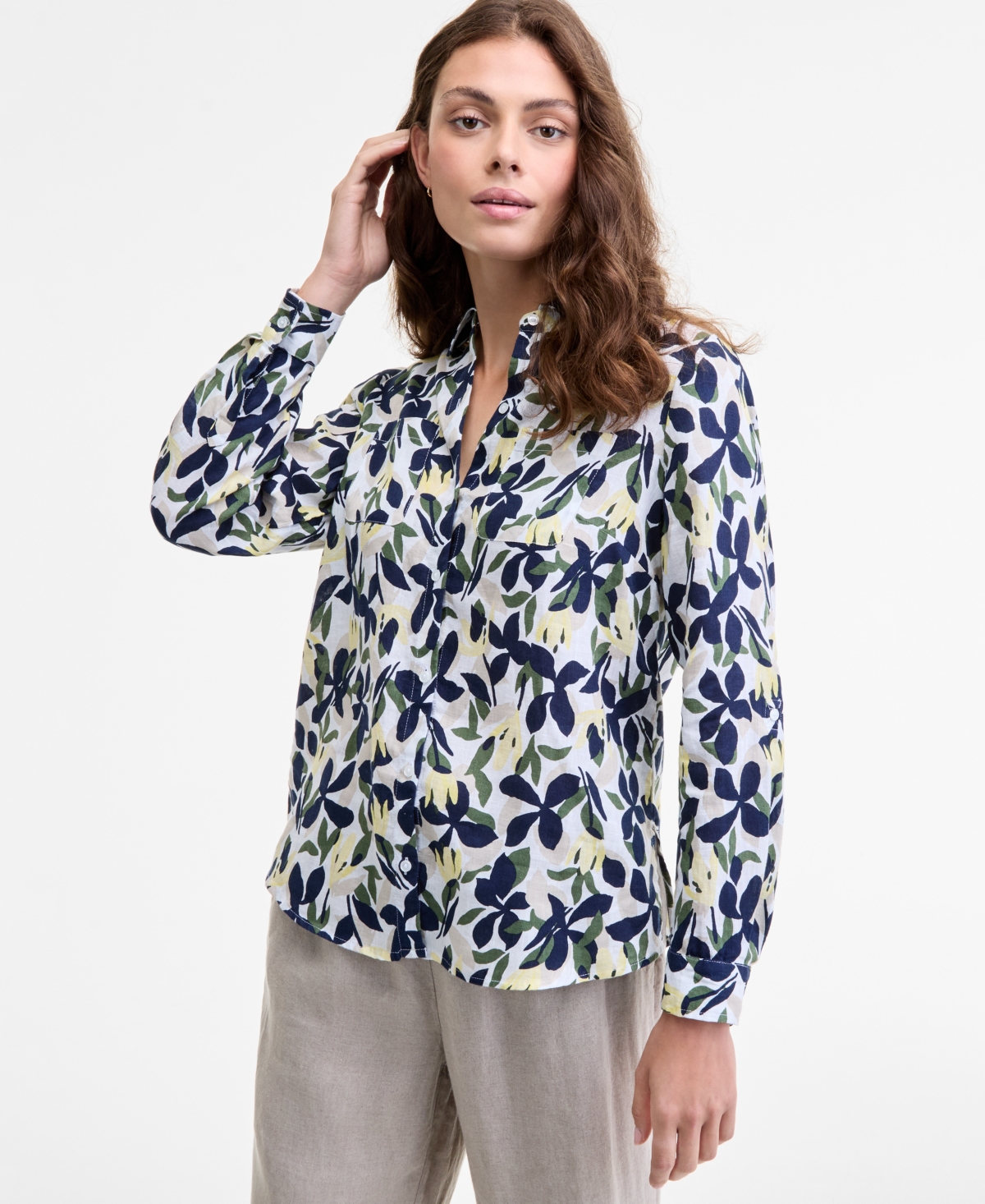 Charter Club Women's Floral-print Roll-tab 100% Linen Shirt, Macy's Exclusive
