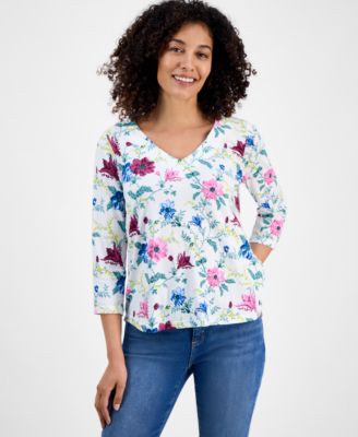 Style & Co - Petite Chintz Floral V-Neck 3/4-Sleeve T-Shirt