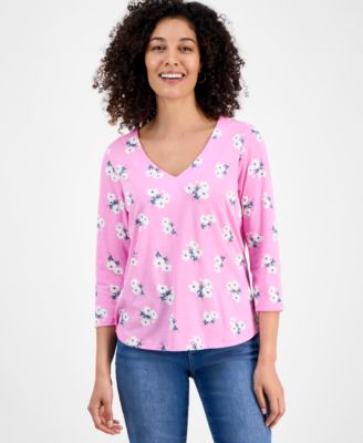 Petite Chintz Floral V-Neck 3/4-Sleeve T-Shirt, Macy's Exclusive