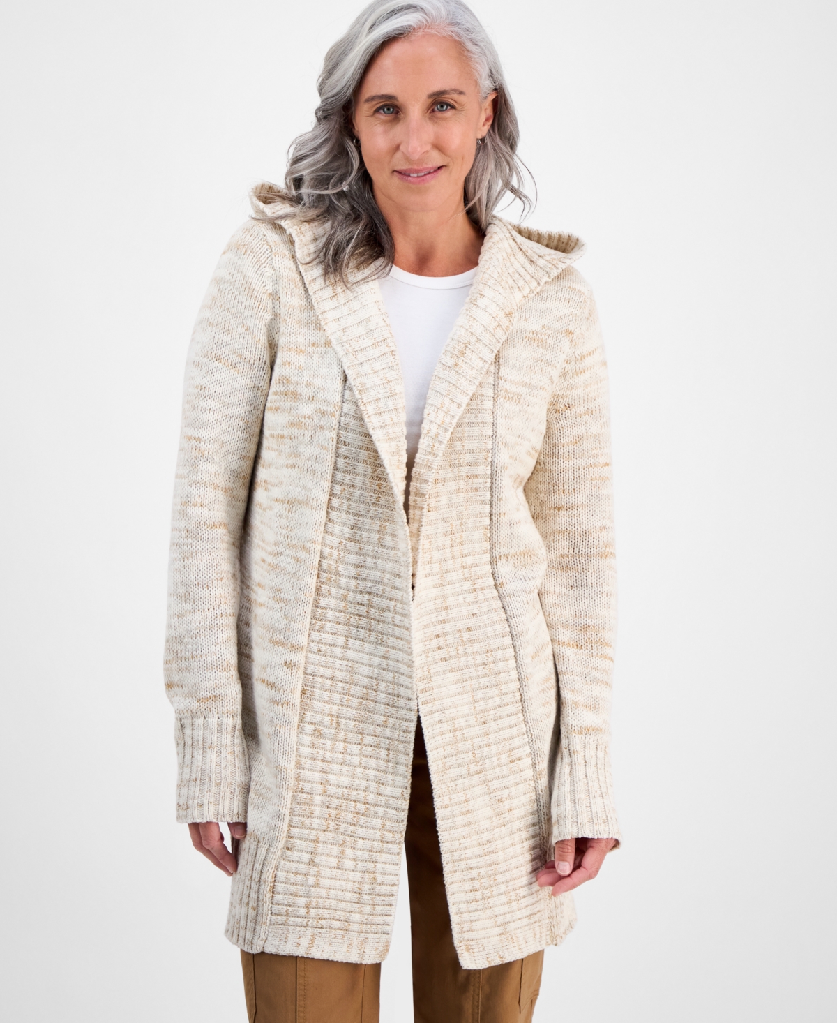 Style & Co Plus Size Hooded Open-front Cardigan Sweater, Macy's Exclusive In Neutral