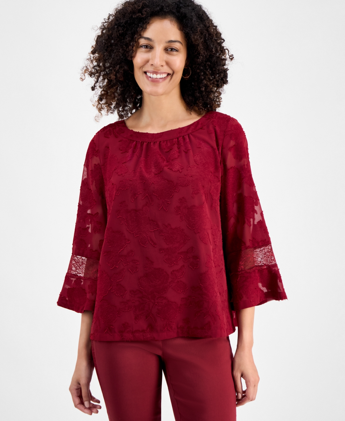 Jm Collection Petite Jacquard Lace-inset Blouse, Macy's Exclusive In Red