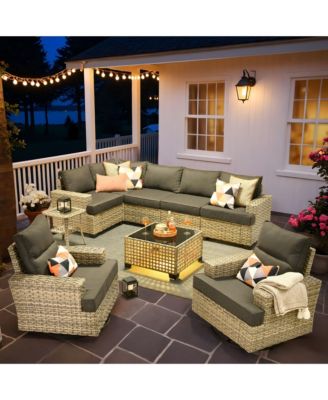 9-Piece Outdoor Wicker Patio Furniture Set with Rattan Modular Sectional Sofa, Swivel Rocking Chairs, and Side Table