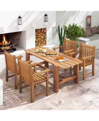 Teak Wood Patio Dining Chair Outdoor Armchair w/ Slatted Seat & Solid Legs