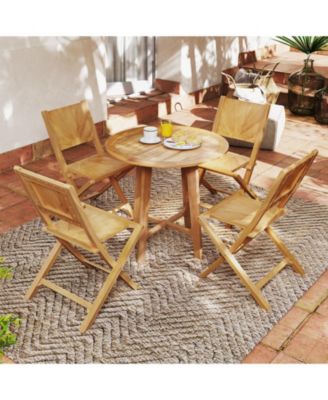 4 PCS Folding Patio Chairs w/ Inclined Backrest Teak Wood Outdoor Dining Chairs