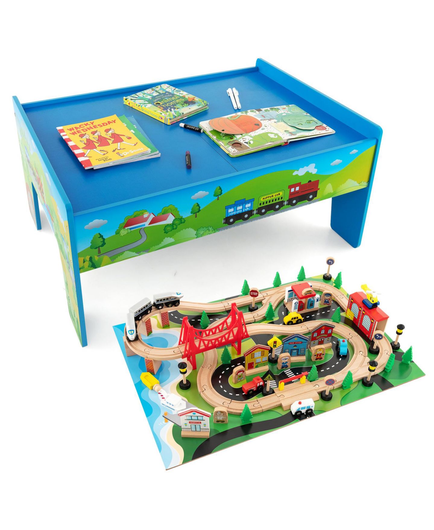 Детские игрушки Mecale 80-Piece Wooden Train Set and Table, цвет: Синий — фото 10