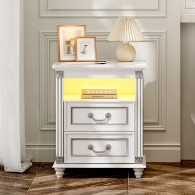Nightstand with Charging Station, 3-Color LED Lights and 2 Drawers