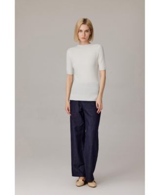 Women's Funnel Neck Short Sleeve Sweater | 75% Merino Wool 25% Silk Ultra Soft Fine-gauge Knit Top | Machine Washable